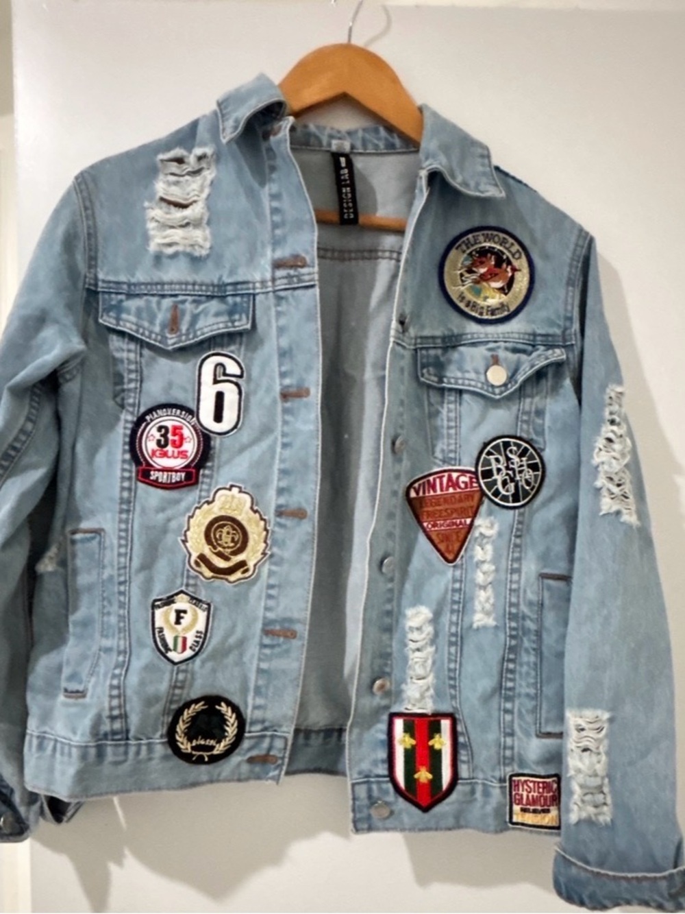 Design Lab Light Blue Distressed Denim Jacket with Patchwork